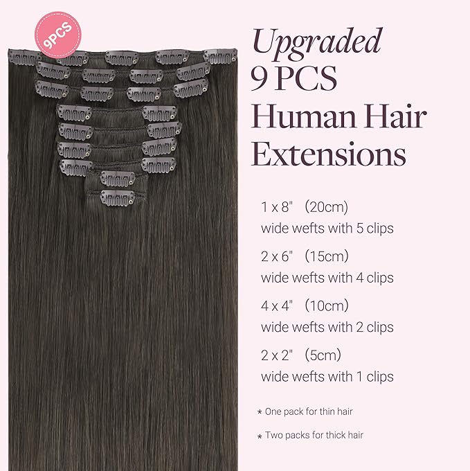 GOO GOO Clip in Hair Extensions Real Human Hair, Remy Human Hair Extensions Clip ins for Women, Natural Human Hair, 16inch 150g 9Pcs, 1C Mocha Brown
