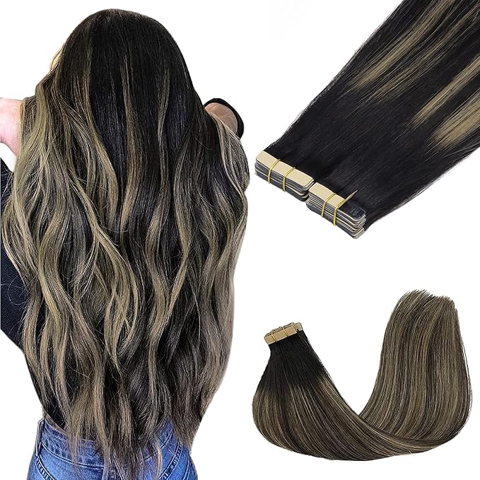 GOO GOO Tape in Hair Extensions Human Hair, 1B/19/1B Natural Black to Light Blonde, 20inch 100g 40pcs, Skin Weft Seamless Invisible, Silky Straight with Thick Ends, Remy Human Hair
