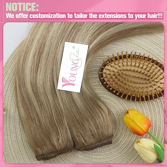 YoungSee 135G Wire Hair Extensions Real Human Hair Light Brown Wire Human Hair Extensions Balayage Light Brown with Blonde Fish Line Hair Extension for Women 24 Inch