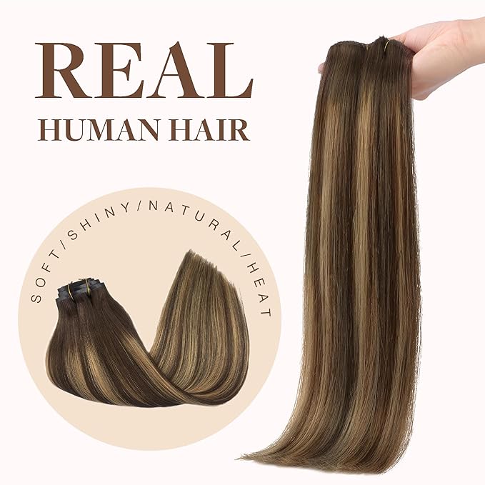 GOO GOO Clip in Hair Extensions Real Human Hair, Remy Human Hair Extensions Clip ins for Women, Natural Human Hair, 16inch 160g 9Pcs, #4/27/4 Balayage Chocolate Brown to Caramel Blonde