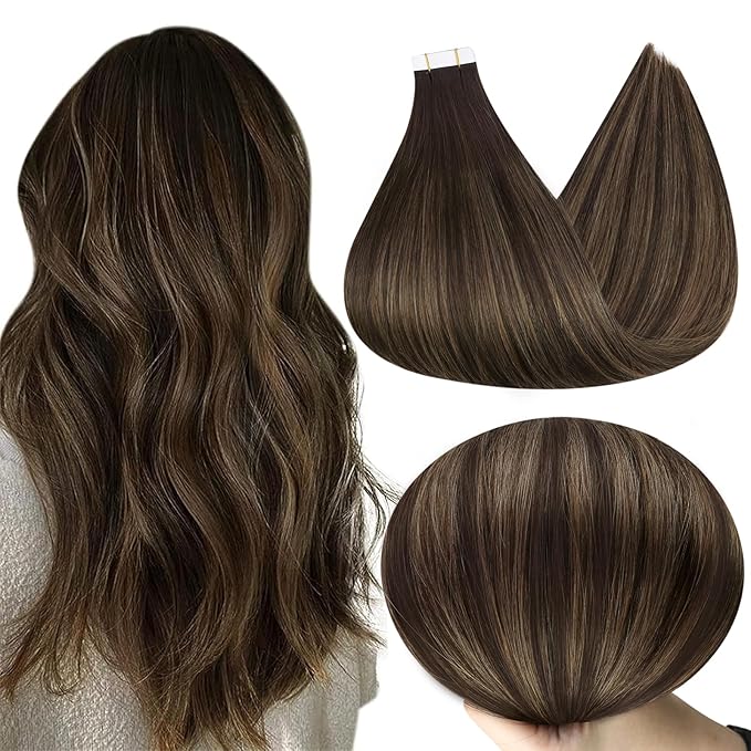 Full Shine Tape in Hair Extensions Human Remy Hair 18 Inch 40 Pcs 100g Dark Brown to Ash Brown and Dark Brown 2/8/2 Tape ins Seamless Natural for Bridal Daily Wear Double Sided