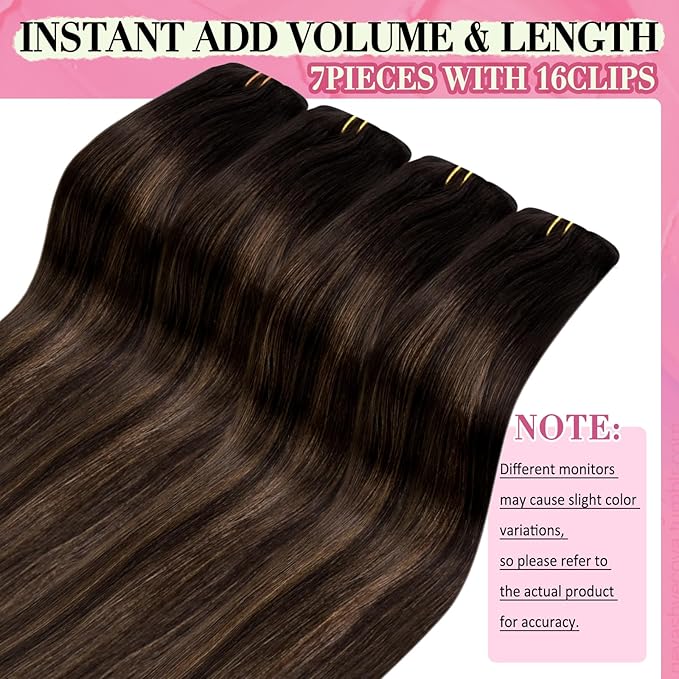 YoungSee 150G Clip in Human Hair Extensions Brown Balayage Human Hair Clip ins Dark Mix Medium Brown Clip in Hair Extensions Long Straight Hair 24Inch 7Pcs