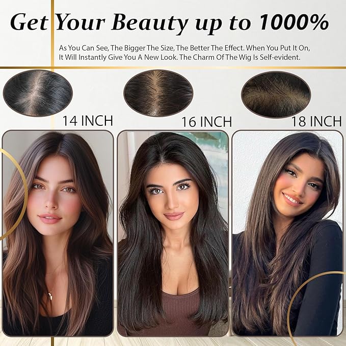 Hair Toppers for Women Real Human Hair, 360° 3D Human with Thinning Upgrade Middle Part Clip in Bangs Topper Hair Pieces for Women Daily (Medium Brown, 16 Inch-3D-Side)