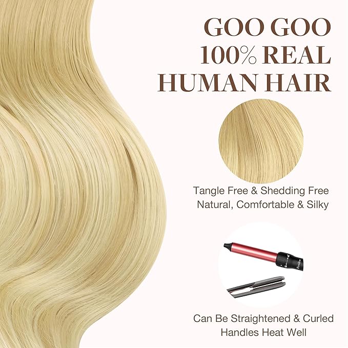 GOO GOO Tape in Hair Extensions Human Hair, 18AT60A Pearl Ash Blonde Highlights, 24inch 30g 10pcs, Skin Weft Seamless Invisible, Silky Straight with Thick Ends, Remy Human Hair