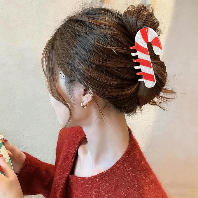 Christmas Candy Cane Hair Clips for Women, Christmas Hair Claw Clips Cute Cane Shape Hair Accessories Red White Xmas Acrylic Claw Clip Funny Strong Grip Jaw Barrettes Xmas New Year Hair Decoration