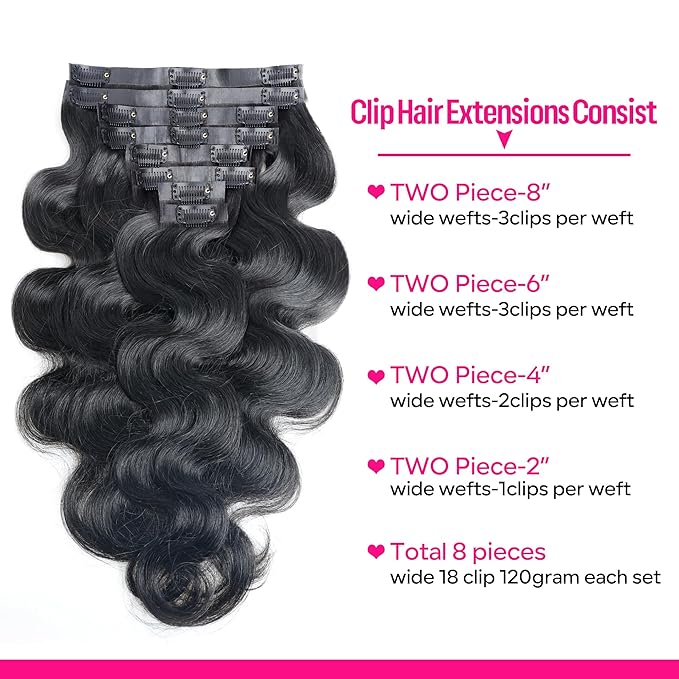 Seamless Clip in Hair Extensions Human Hair Body Wave Human Hair Clip in Extensions 8Pcs PU Clip ins Remy Hair for Women Invisible Skin Weft 18Clips 120g 28inch Natural Black