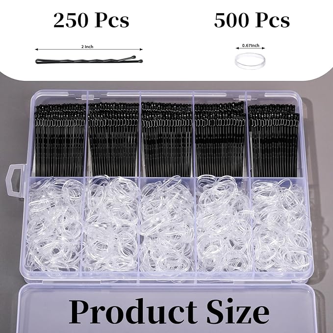 YGDZ 750PCS Bobby Pins Black Kit, 250 Hair Pins for Women, 2 Inch Wave Bobby Pins for Black Hair, 500 Clear Elastic Hair Ties, Bulk Hair Pin for Buns, Hair Accessories for Women, Kids, Girls