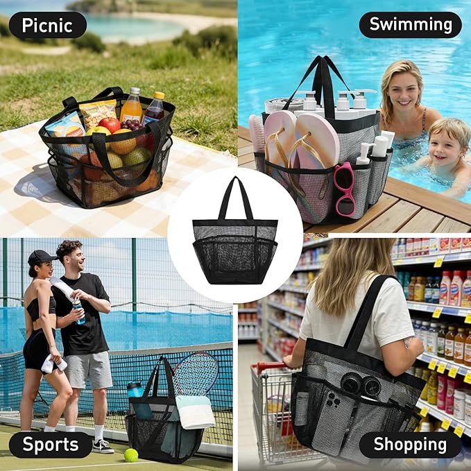 Mesh Shower Caddy Portable, Shower Tote Bag for Dorm Room Essentials, 8 Pockets Large Shower Basket for College Gym Beach Camping (Black)