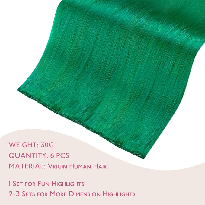 WENNALIFE Green Clip in Hair Extensions Real Human Hair 35g 6pcs 24 Inch Colored Hair Extensions for Kids Women Colorful Hair Pieces Pop-up Style Straight Extensiones De Cabello Humano Con Clip