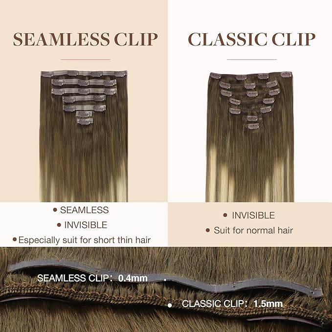 GOO GOO Clip in Hair Extensions Real Human Hair, Remy Human Hair Extensions Clip ins for Women, Natural Human Hair, 14inch 110g 7Pcs, 3/8/613 Balayage Walnut Brown to Ash Brown and Bleach Blonde
