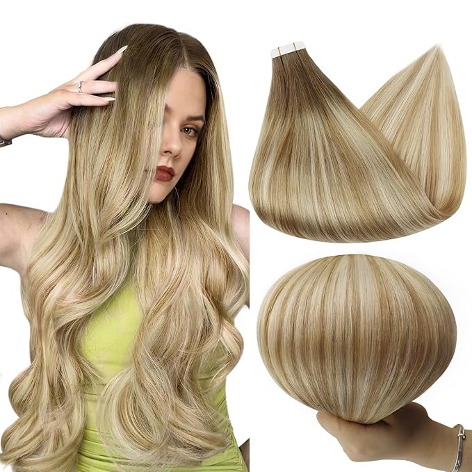 Full Shine Tape in Hair Extensions Color 6 Brown Ombre 27 and 60 Platinum Blonde Tape in Hair Extensions Human Hair Invisible Straight 14 Inch Seamless Remy Skin Weft for Party 20Pcs 50G Add Volume