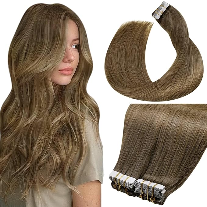 LaaVoo Tape in Human Hair Extensions Ombre Hair Extensions Tape in Medium Brown Balayage Light Brown Mix Golden Brown Tape on Extension Soft Hair 24 Inch 40pcs 100g