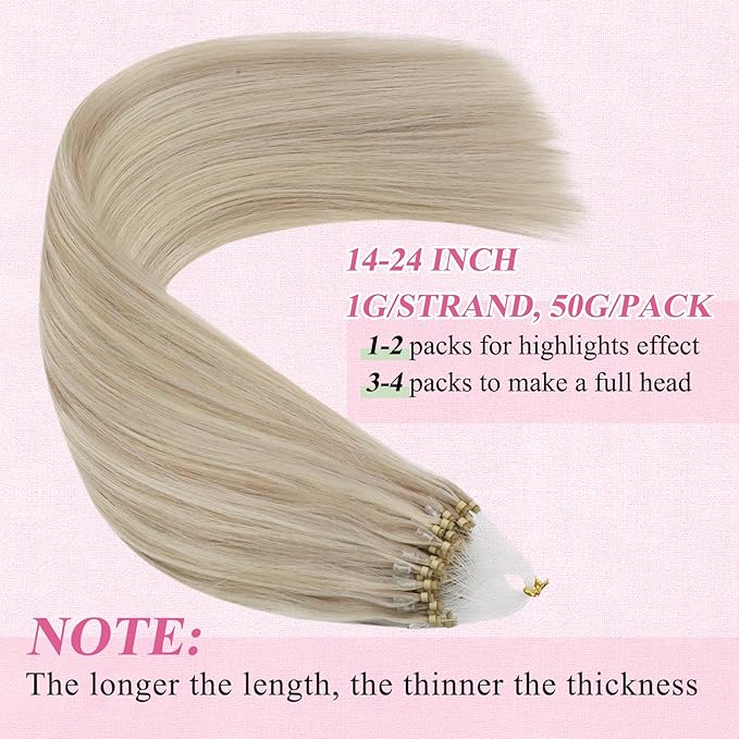 YoungSee Micro Bead Hair Extensions Real Human Hair Blonde Microlink Hair Extensions Human Hair Blonde Highlighted Ash Blond Bead Hair Extension 20Inch Pre Bonded Hair Extension for Wedding 50g 50s