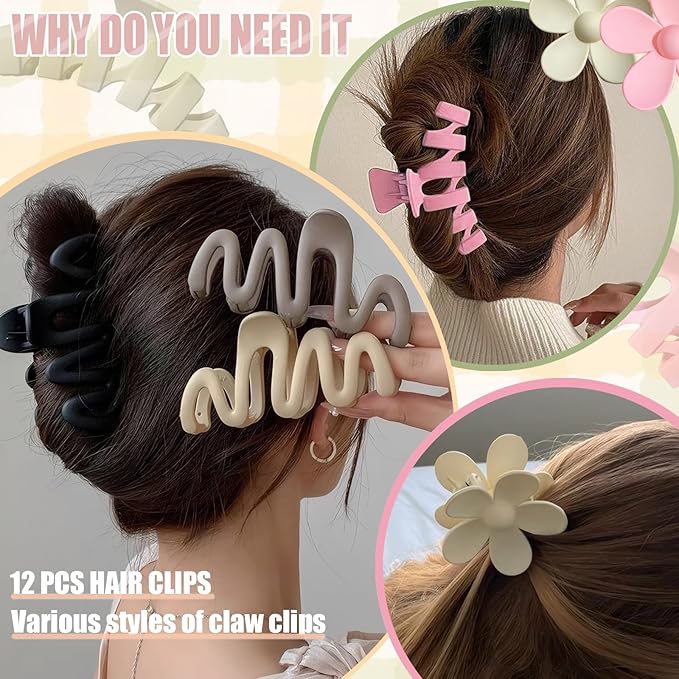 12 Pcs Claw Clips, Multi-Shapes Hair Clips for Women Girls, Non-Slip Large Jaw Claw Clips for Thick Thin Curly Hair Accessories (Colorful)