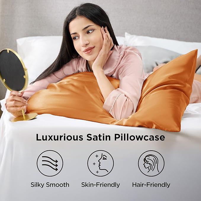 Bedsure King Size Satin Pillowcase Set of 2 - Orange Silky Pillow Cases for Hair and Skin with Envelope Closure, Similar to Silk Pillow Cases, Gifts for Women Men, 20x36 Inches, 2pcs