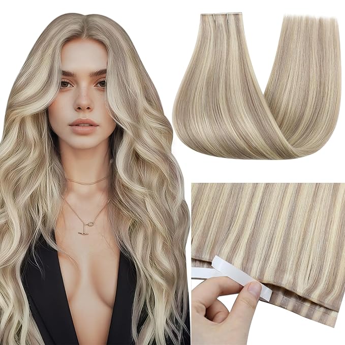 Full Shine Tape in Weft Hair Extensions Human Hair Color 18 Ash Blonde And 613 Blonde Hair Extensions Genius Weft Human Hair Tape in Extensions 22Inch Long Tape Weft Wire Adjustable Size 50G One Piece
