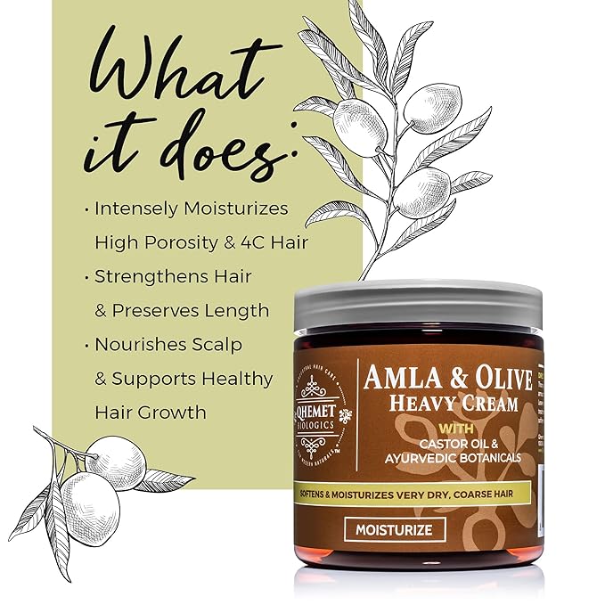 Qhemet Biologics Amla & Olive Heavy Cream - Moisturizing Balm for Extremely Dry & 4C Hair - Adds Soft, Supple Moisture & Hydration to Afros, Coils, Curls, Puffs, Twists, Braids, Locs & More (8.9 oz)