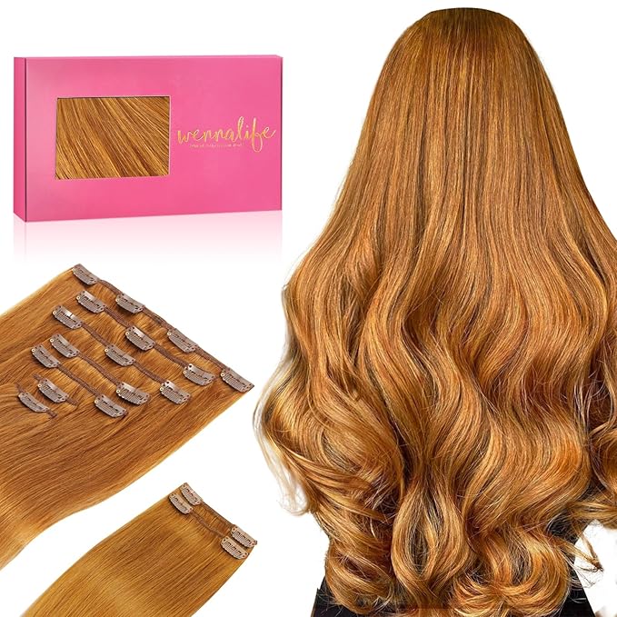 WENNALIFE Clip in Hair Extensions Real Human Hair, 22 Inch 150g 9pcs Human Hair Extensions Clip In, Auburn Ginger Hair Extensions Clip In Real Hair Coloured Remy Human Hair Extensions