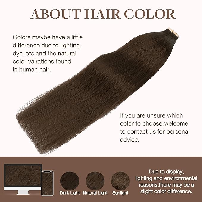GOO GOO Tape in Hair Extensions Human Hair, 4A Chocolate Brown, 20inch 50g 20pcs, Skin Weft Seamless Invisible, Silky Straight with Thick Ends, Remy Human Hair