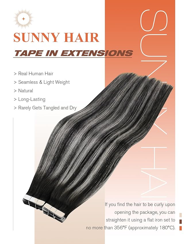 Sunny Hair Tape in Hair Extensions Real Human Hair Invisible Remy Hair Extensions Tape ins for Women Natural Black Roots to Silver Grey Balayage 18 inch 20Pcs 50G