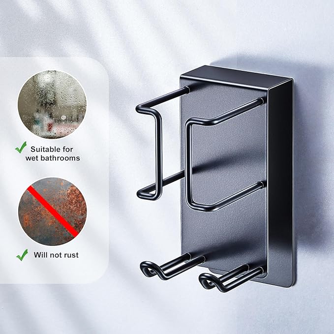 Blow Dryer Holder Wall Mount Hair Dryer Holder, Adhesive Straightener Holder, Curling Iron Holder for Bathroom Salon Barber Shop, Flat Iron Holder, Hair Tools Organizer Storage (Black)