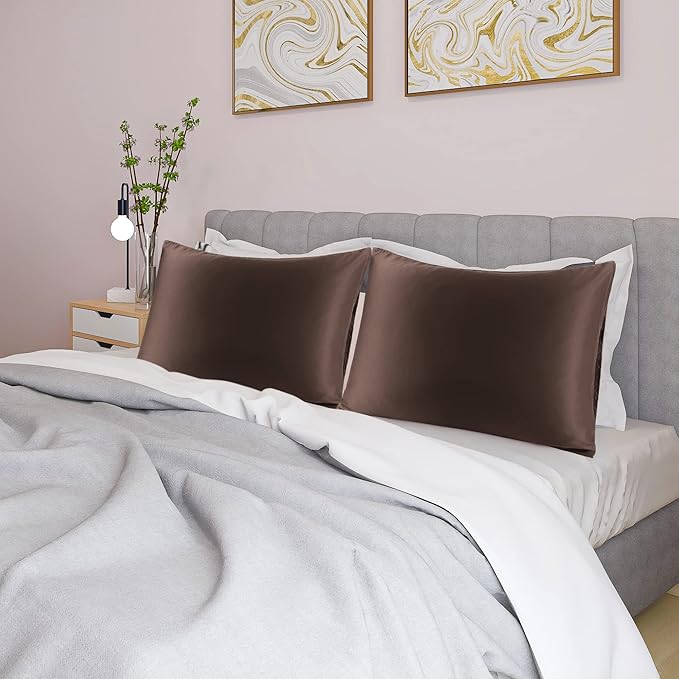 uxcell 2 Pack Silk Satin Pillowcase for Hair and Skin, Cool, Silky, Soft Breathable Pillow Cases King Size 20x36 Inch Sateen Pillowcase Brown with Envelope Closure