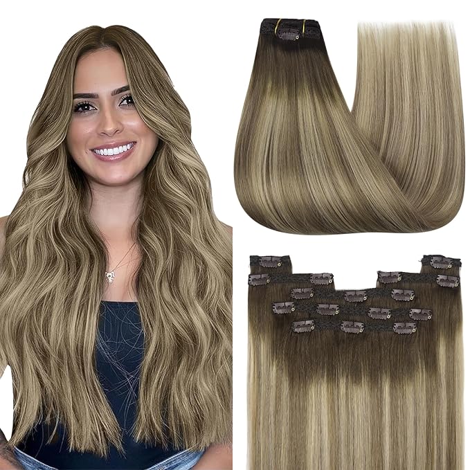 YoungSee 150G Clip in Human Hair Extensions Balayage Walnut Brown Ombre Light Brown with Blonde Long Human Hair Clip in Extensions Balayage Clip in Hair Extensions Straight Hair 24inch 7pcs