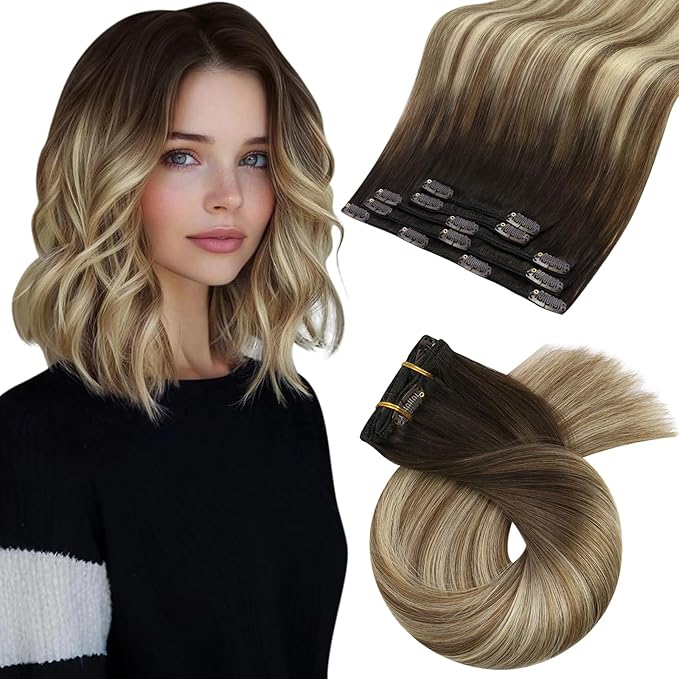Moresoo Clip in Hair Extensions Ombre Human Hair Clip in Extensions Real Human Hair Dark Brown to Medium Brown with Bleach Blonde Balayage Short Remy Hair Extensions Double Weft 80g 5pcs 10in