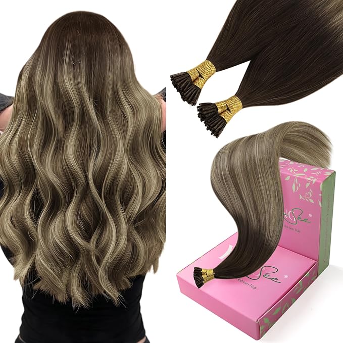 YoungSee I Tip Hair Extensions Balayage Itip Hair Extensions Human Hair Balayage Brown with Blonde I Tips Human Hair Extension 18 Inch Invisible I-Tip Hair Ombre for Adding Hair Volume 50g 60s