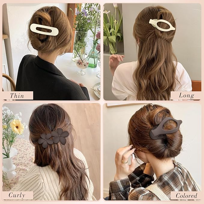 Obeoby 6 PCS Flat Hair Clips for Women, 3 Types French Flat Claw Clips for Thin Thick Hair Barrettes Large Medium (Off-white, dark brown)
