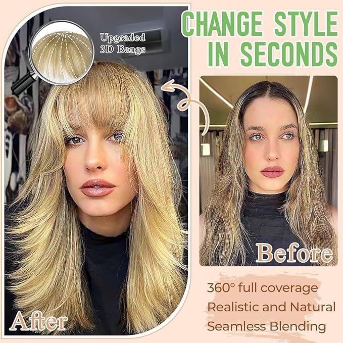 Bangs Hair Clip in Bangs 360°3D Cover Hair Topper Synthetic HairPieces for Women Ash blonde mix Bleach Blonde Wispy Fake Bangs Toppers for Daily Wear