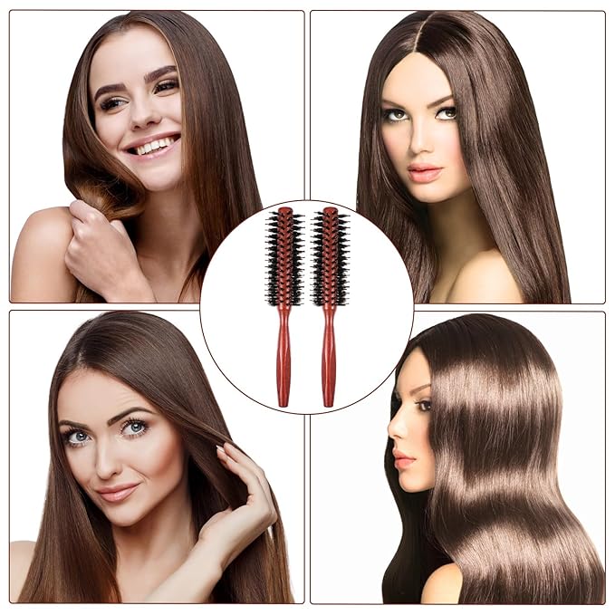 2 Pack Small Round Hair Brush Boar Bristle Roller Hairbrush Wooden Handle Volumizing Hair Brush for Blow Drying Short Thin Fine Hairs Styling Women Curling Bangs Men Beard Travel Household