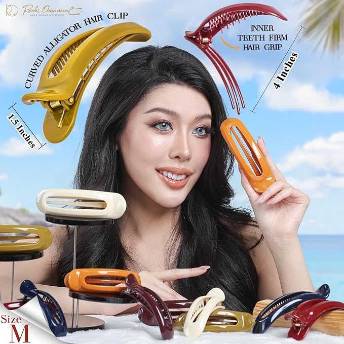 RC ROCHE 6 Pcs Flat Claw Hair Clips for Women Alligator French Barrette Long Thick Hair Duckbill Curved No Slip Grip Lay Flat Side Slide Firm Classic Styling, Medium Classic Multicolor