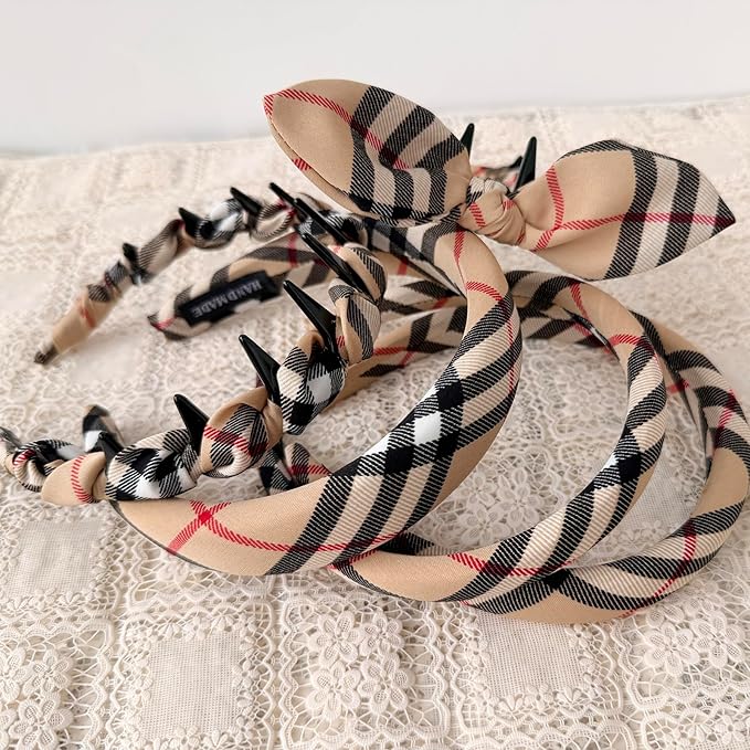 LONEEDY 5PCS Plaid Padded Headband for Women Teen Girls,Vintage Cotton Bow Headbands with Teeth Comb, Zig Zag Hairbands