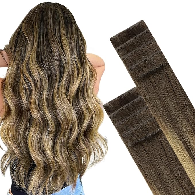 GOO GOO Invisi Edge Tape in Hair Extensions Human Hair, 4/27/4 Balayage Chocolate Brown to Caramel Blonde, 10pcs 24inch 30g, Virgin Remy Hair, Seamless Injected Tape, Natural Look