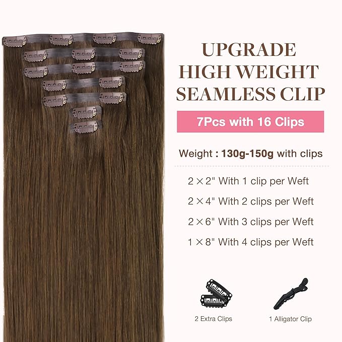 GOO GOO Clip in Hair Extensions Real Human Hair, Remy Human Hair Extensions Clip ins for Women, Natural Human Hair, 16inch 130g 7Pcs, 4A Chocolate Brown