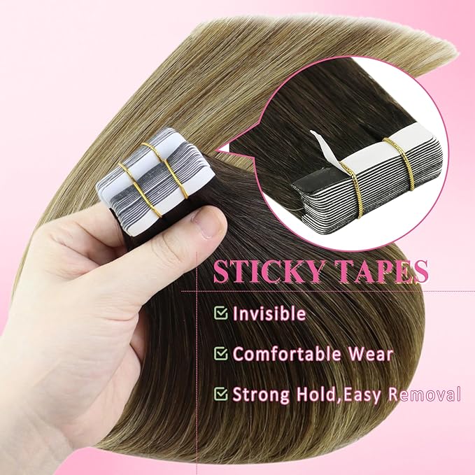 YoungSee Human Hair Tape in Extensions Balayage Tape in Hair Extensions Human Hair Dark Brown Ombre Blonde with Brown Tape-in Extension 16In 20pcs 50g Tapes Ins Human Hair Extension for Everyday Wear