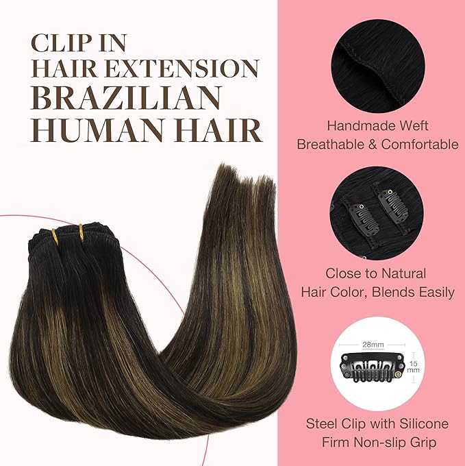 GOO GOO Clip in Hair Extensions Real Human Hair, Remy Human Hair Extensions Clip ins for Women, Natural Human Hair, 22inch 170g 7Pcs, #1B/6/1B Balayage Natural Black to Chestnut Brown