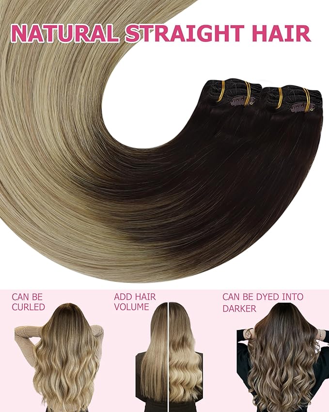 YoungSee 135G Clip in Hair Extensions Human Hair Ombre Blonde Clip on Hair Extensions Ombre Medium Brown to Golden Blonde with Platinum Blonde Human Hair Clip in Extensions 16Inch 7Pcs
