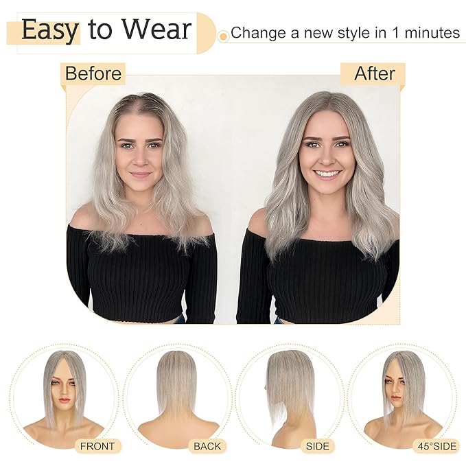 SEGO Grey Hair Toppers for Women Real Human Hair No Bangs, Salt and Pepper Hair Topper, 7 * 13 CM Silk Base Clip In Top Pieces Add Volume -12 Inch G3 Light Grey Mix