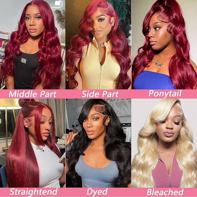 99J Burgundy Wig Human Hair 13x4 Body Wave Lace Front Wigs Human Hair 180 Density Pre Plucked Glueless Wine Red Colored Lace Front Wig for Women 32 Inch