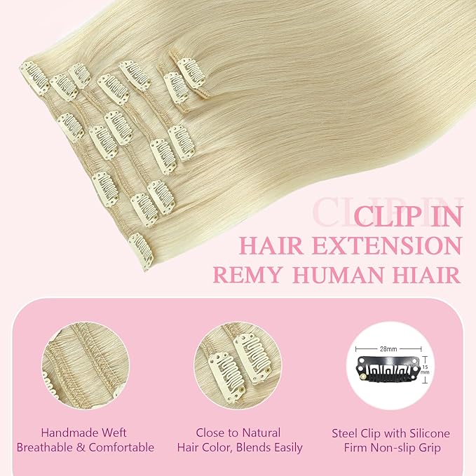 PINKPEARL Clip in Hair Extensions #60 Platinum Blonde Clip in Hair Extensions Real Human Hair 7pcs 120g 20inch Blonde Hair Extensios Clip ins for Women Straight Natural Human Hair Clip ins (#60-20)