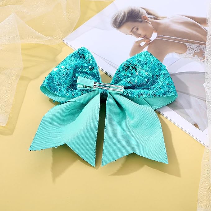 Large Glitter Cheer Bows Clips, Jumbo Big 7 Inch Cheerleading Sequin Hair Bow Hair Accessories for Teens Girls Football Sports Cheerleader Outfit Uniform (Peacock Green)