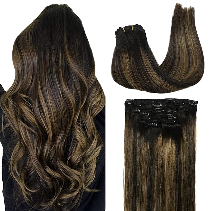 GOO GOO Clip in Hair Extensions Real Human Hair, Remy Human Hair Extensions Clip ins for Women, Natural Human Hair, 24inch 170g 7Pcs, #1B/6/1B Balayage Natural Black to Chestnut Brown