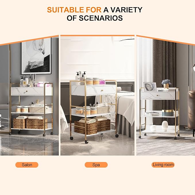 Salon Rolling Trolley with Lockable Wheels Barber Cart with Storage Drawer Mobile Hair Station Cabinet for Beauty Makeup Esthetician Spa Massage (White Marble-one Drawer-Two Shelves)