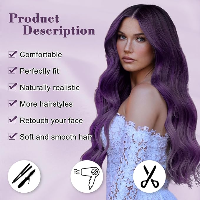 NAYOO Long Ombre Purple Wavy Wig for Women 26 Inch Middle Part Curly Wavy Wig Natural Looking Synthetic Heat Resistant Fiber for Daily Party (Ombre Purple)