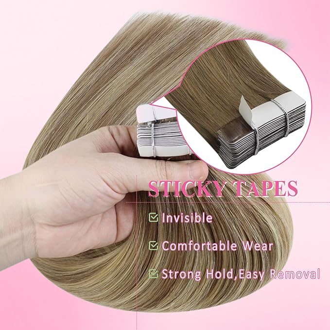 YoungSee Human Hair Tape in Extensions Balayage Tape in Hair Extensions Human Hair Light Brown Ombre Blonde Tapes ins Hair Extension Silky Straight 20 Inch Seamless Tapein Hair Extension 20pcs 50g