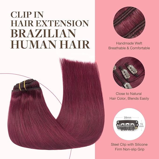 GOO GOO Clip in Hair Extensions Real Human Hair, Remy Human Hair Extensions Clip ins for Women, Natural Human Hair, 16inch 120g 7Pcs, 530 Burgundy