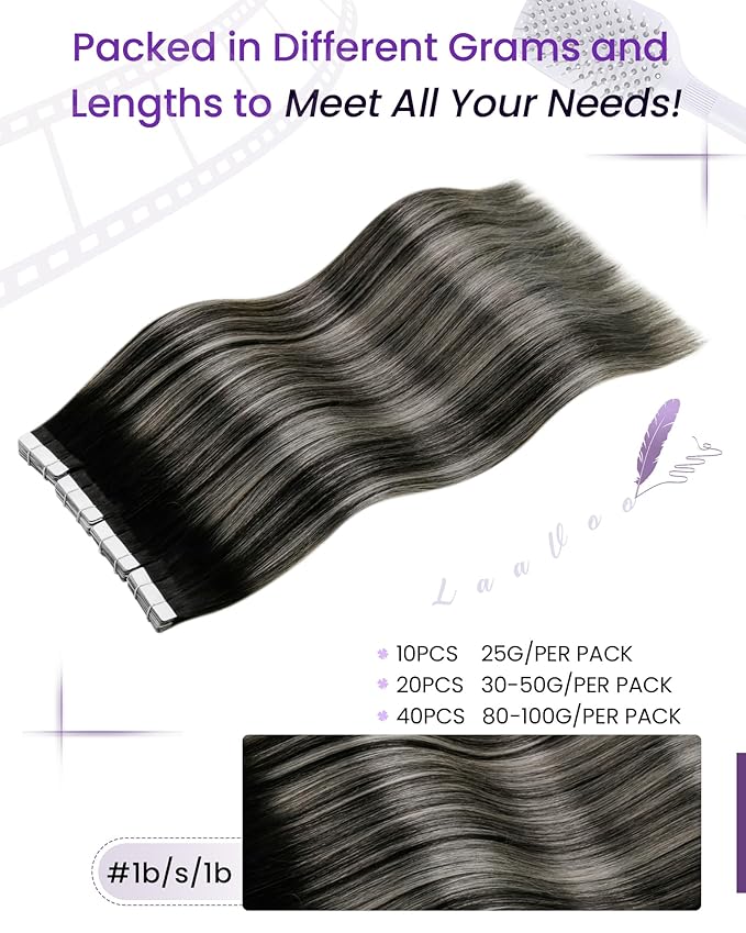 LaaVoo Tape in Hair Extensions Human Hair Ombre Hair Extensions Tape in Balayage Black to Silver Grey Tape on Human Hair Extension Seamless 18inch 20pcs 50g