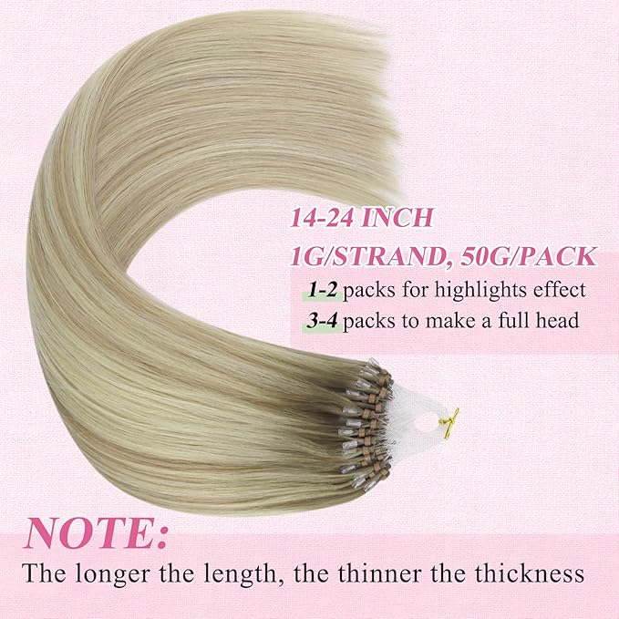 YoungSee Micro Link Hair Extensions Human Hair Blonde Ombre Microloop Hair Extensions Human Hair Blonde to Platinum Blonde Bead Hair Extensions Human Hair 16In Balayage Micro Links Hair Soft 50s/50g